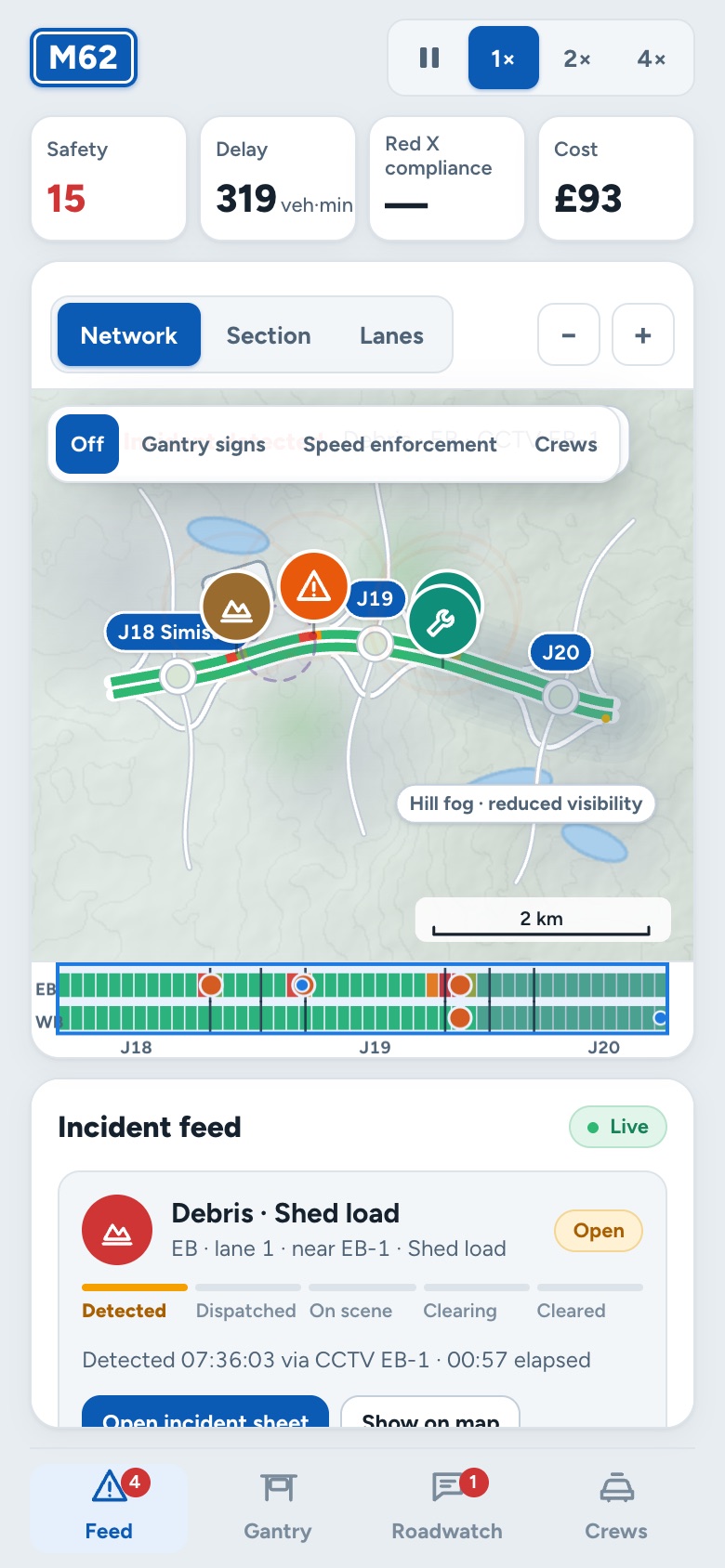Motorway Ops on a phone in portrait: the map above, the incident feed below and a bottom tab bar.